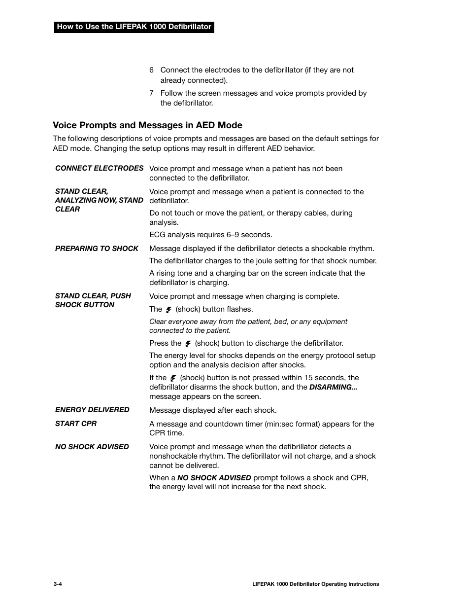 Voice prompts and messages in aed mode, Voice prompts and messages in aed mode -4 | Physio-Control LIFEPAK 1000 User Manual | Page 26 / 86