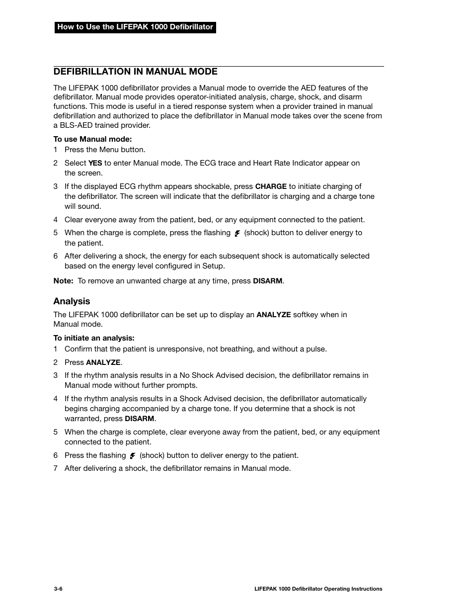 Defibrillation in manual mode, Analysis, Defibrillation in manual mode -6 | Analysis -6 | Physio-Control LIFEPAK 1000 User Manual | Page 28 / 86