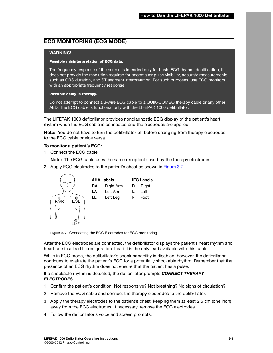 Ecg monitoring (ecg mode), Ecg monitoring (ecg mode) -9 | Physio-Control LIFEPAK 1000 User Manual | Page 31 / 86