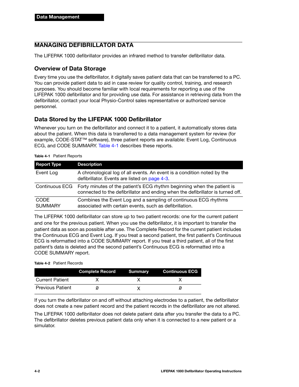 Managing defibrillator data, Overview of data storage, Data stored by the lifepak 1000 defibrillator | Managing defibrillator data -2 | Physio-Control LIFEPAK 1000 User Manual | Page 36 / 86