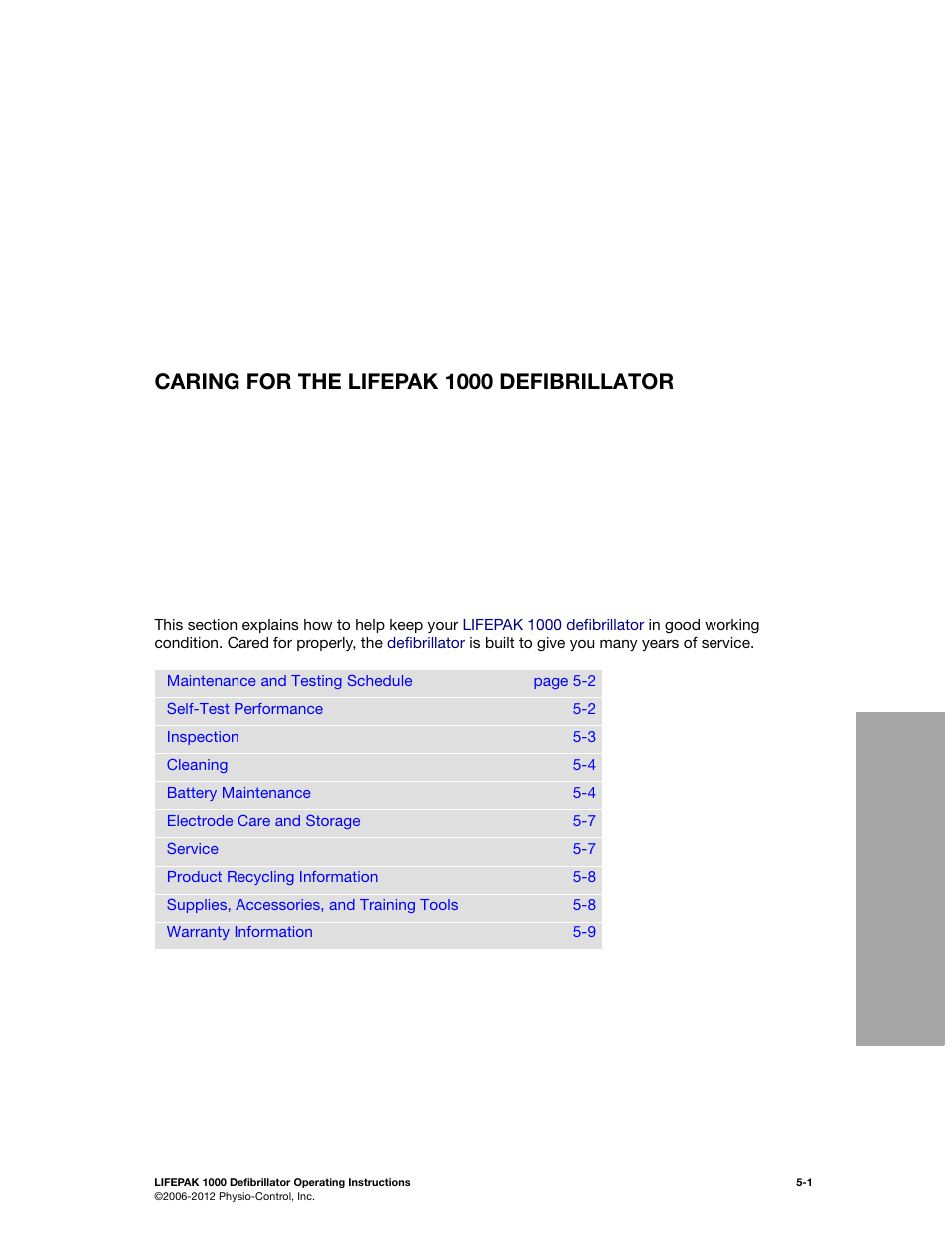 Caring for the lifepak 1000 defibrillator, 5 caring for the lifepak 1000 defibrillator | Physio-Control LIFEPAK 1000 User Manual | Page 39 / 86