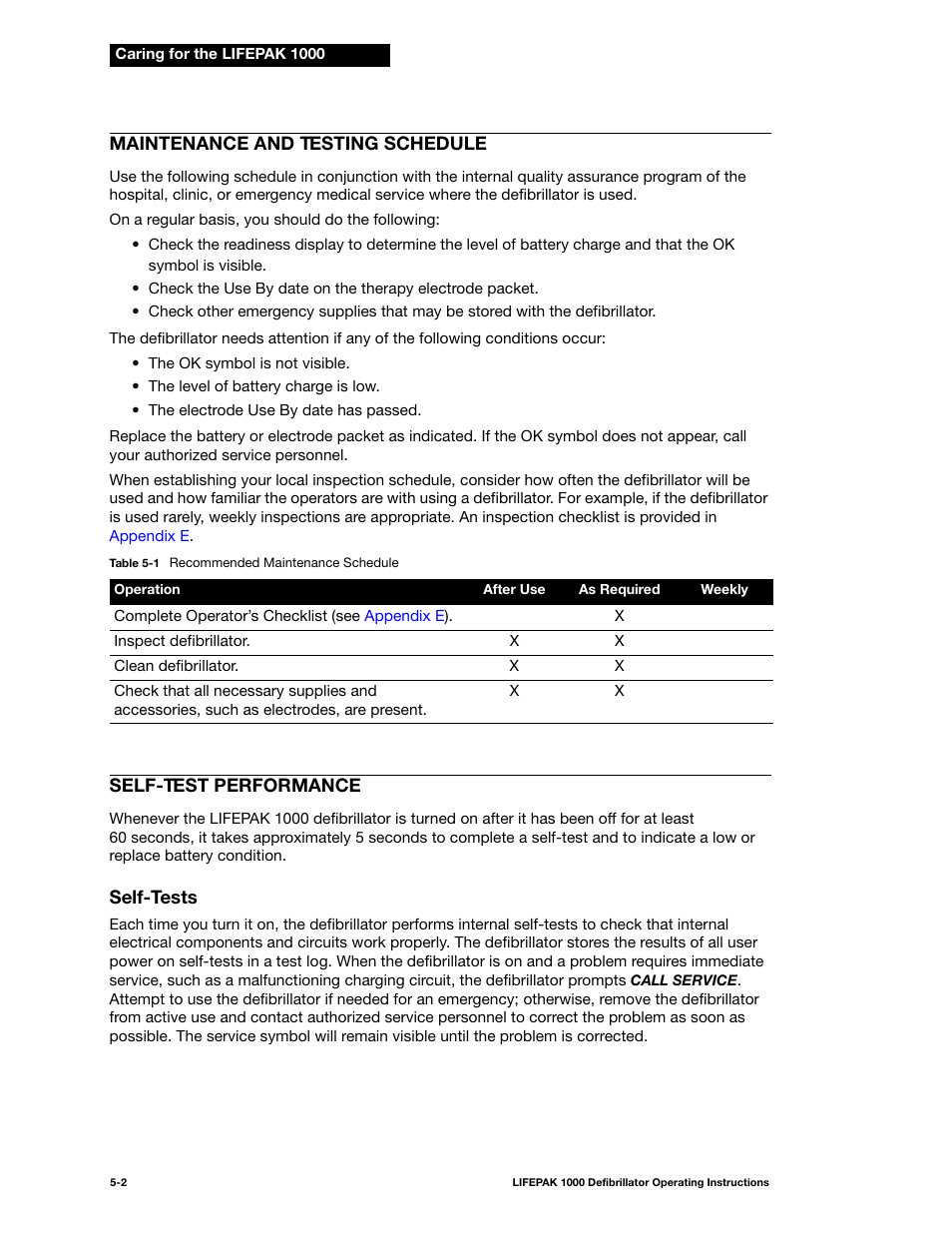 Maintenance and testing schedule, Self-test performance, Self-tests | Self-tests -2 | Physio-Control LIFEPAK 1000 User Manual | Page 40 / 86