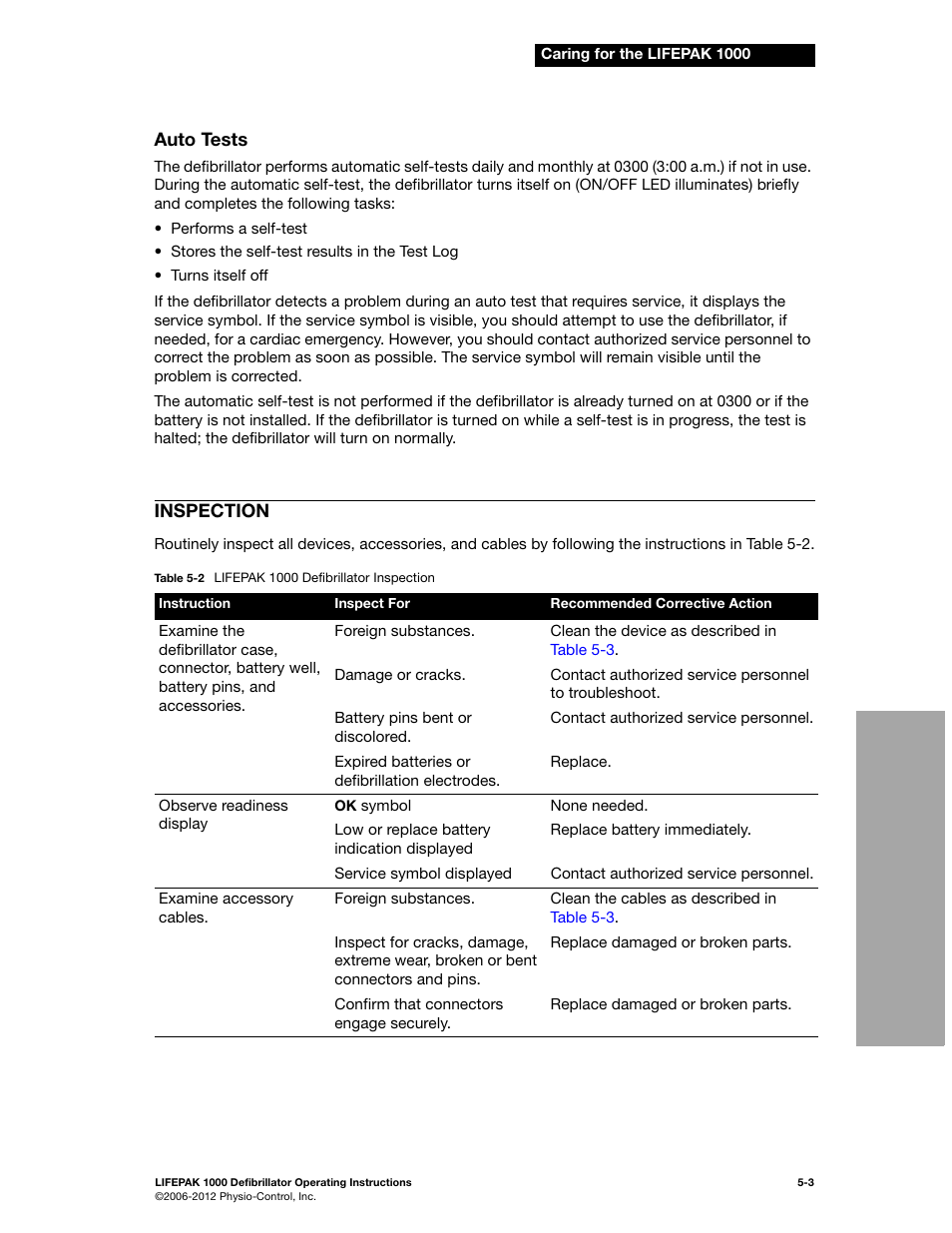 Auto tests, Inspection, Auto tests -3 | Inspection -3 | Physio-Control LIFEPAK 1000 User Manual | Page 41 / 86