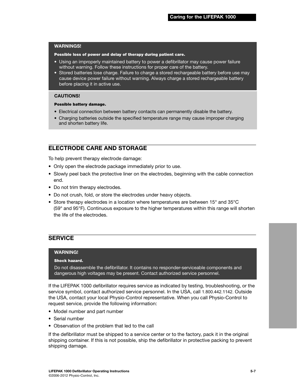 Electrode care and storage, Service, Electrode care and storage -7 service -7 | Physio-Control LIFEPAK 1000 User Manual | Page 45 / 86