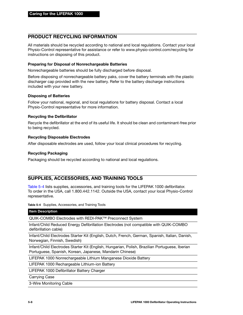 Product recycling information, Supplies, accessories, and training tools | Physio-Control LIFEPAK 1000 User Manual | Page 46 / 86