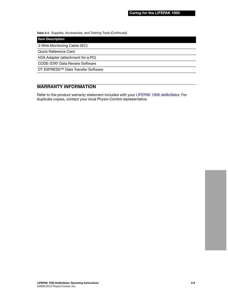 Warranty information, Warranty information -9 | Physio-Control LIFEPAK 1000 User Manual | Page 47 / 86