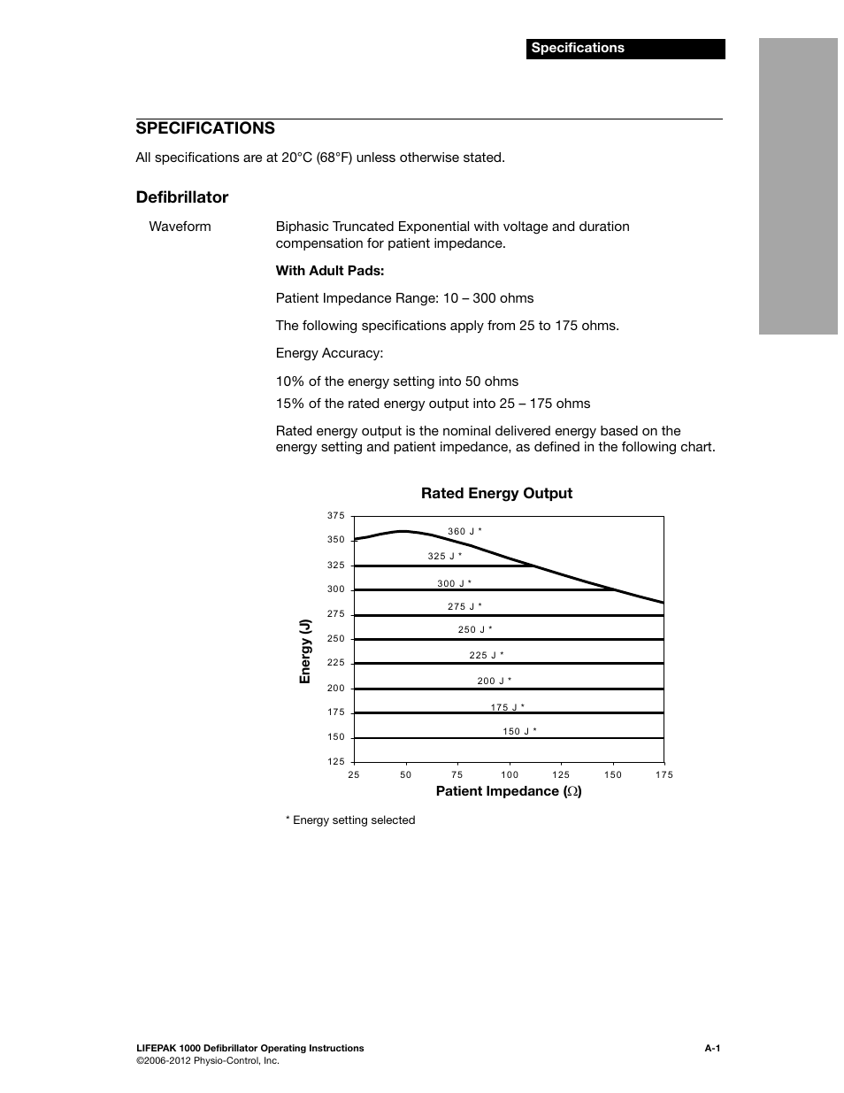 Specifications, Defibrillator, Rated energy output | Physio-Control LIFEPAK 1000 User Manual | Page 51 / 86