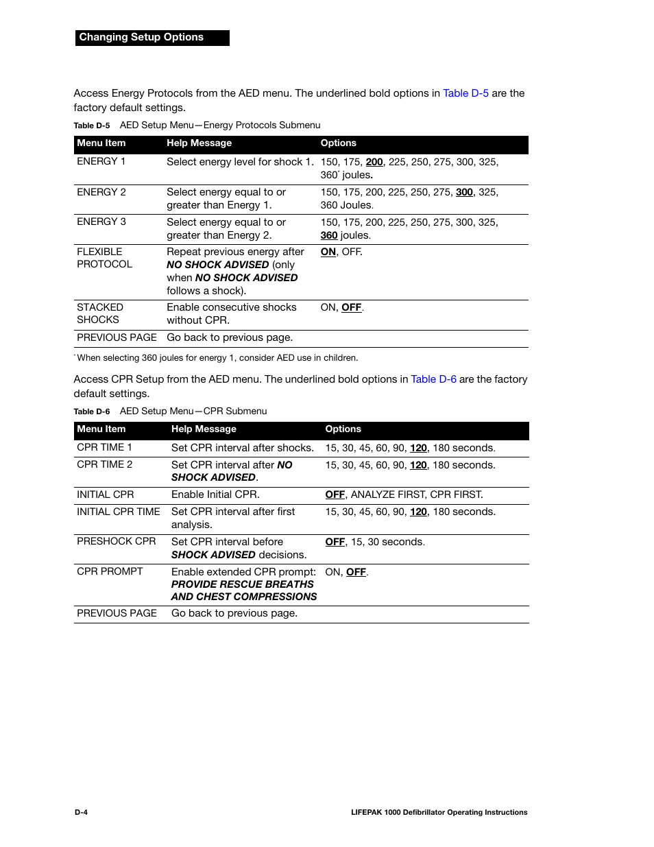 Table d-5, Table d-6 | Physio-Control LIFEPAK 1000 User Manual | Page 74 / 86