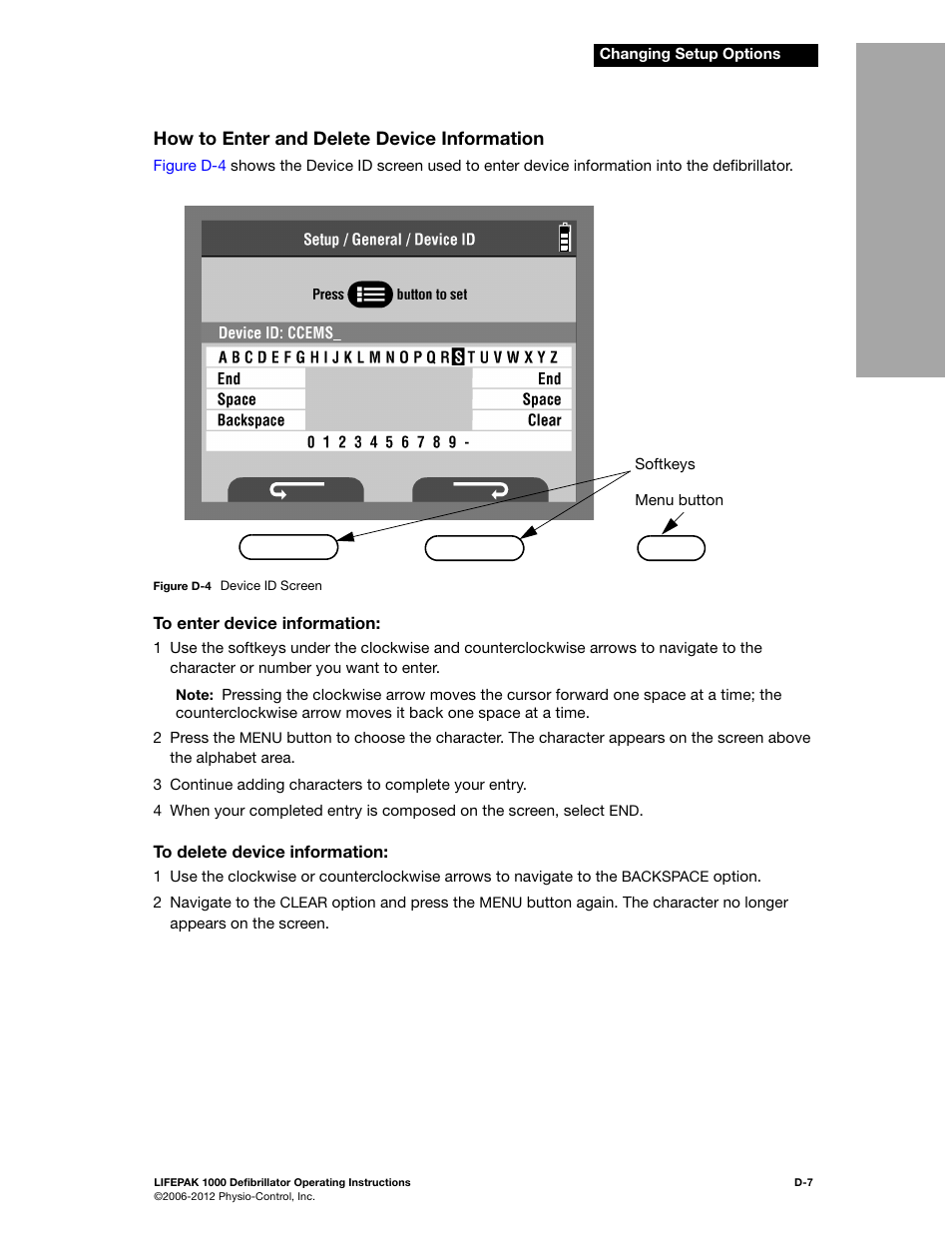 How to enter and delete device, How to enter and delete device information | Physio-Control LIFEPAK 1000 User Manual | Page 77 / 86