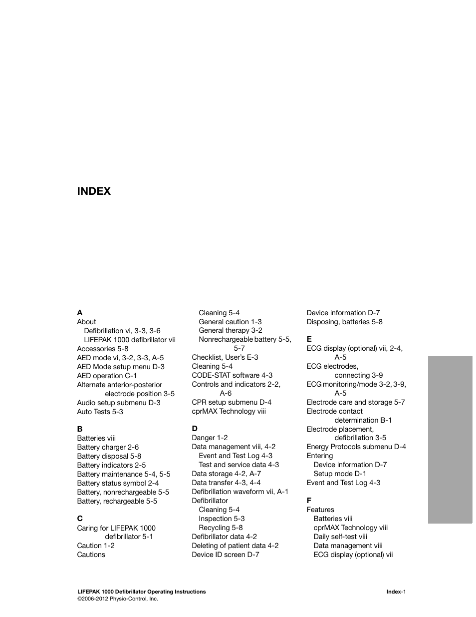 Index | Physio-Control LIFEPAK 1000 User Manual | Page 83 / 86