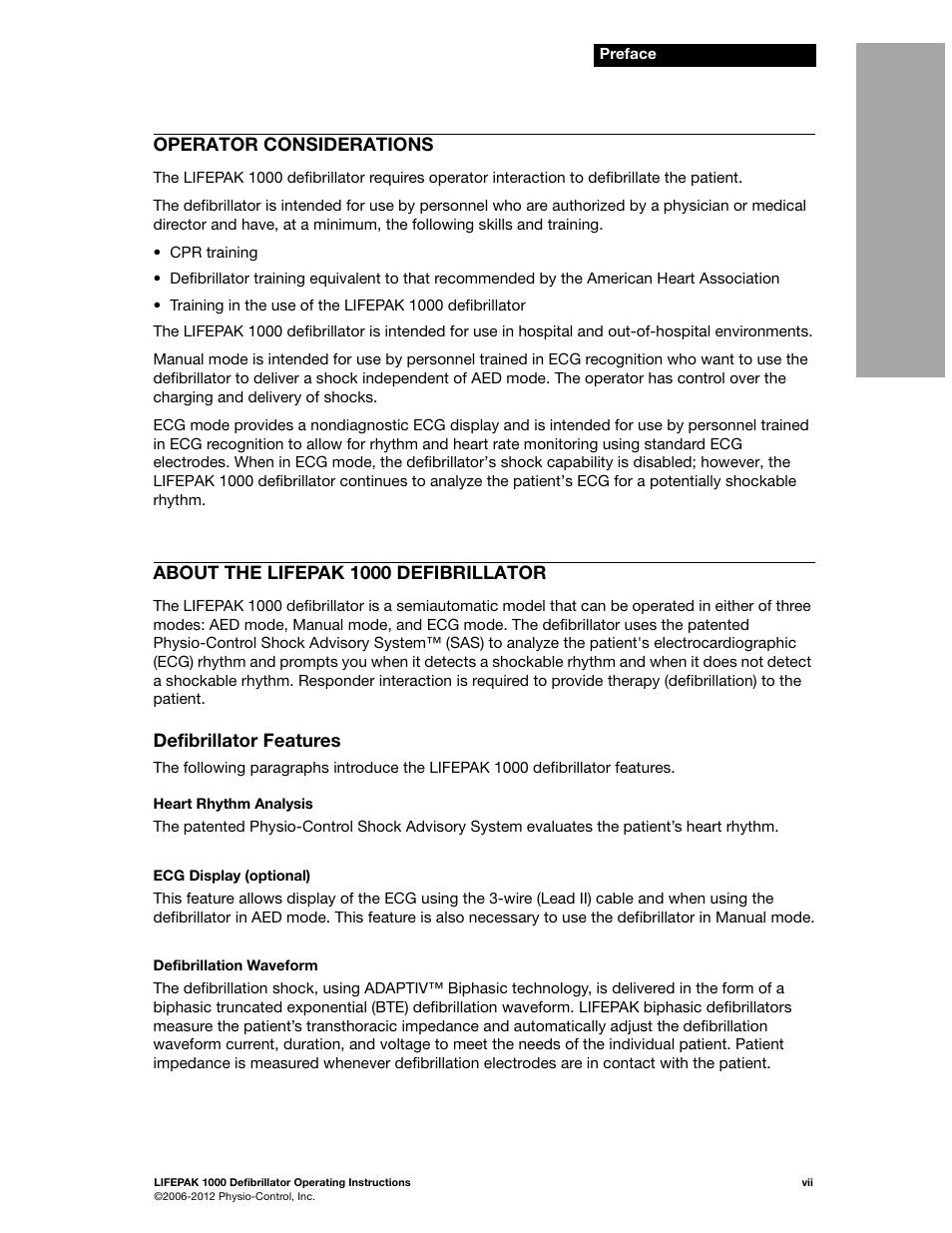 Operator considerations, About the lifepak 1000 defibrillator | Physio-Control LIFEPAK 1000 User Manual | Page 9 / 86