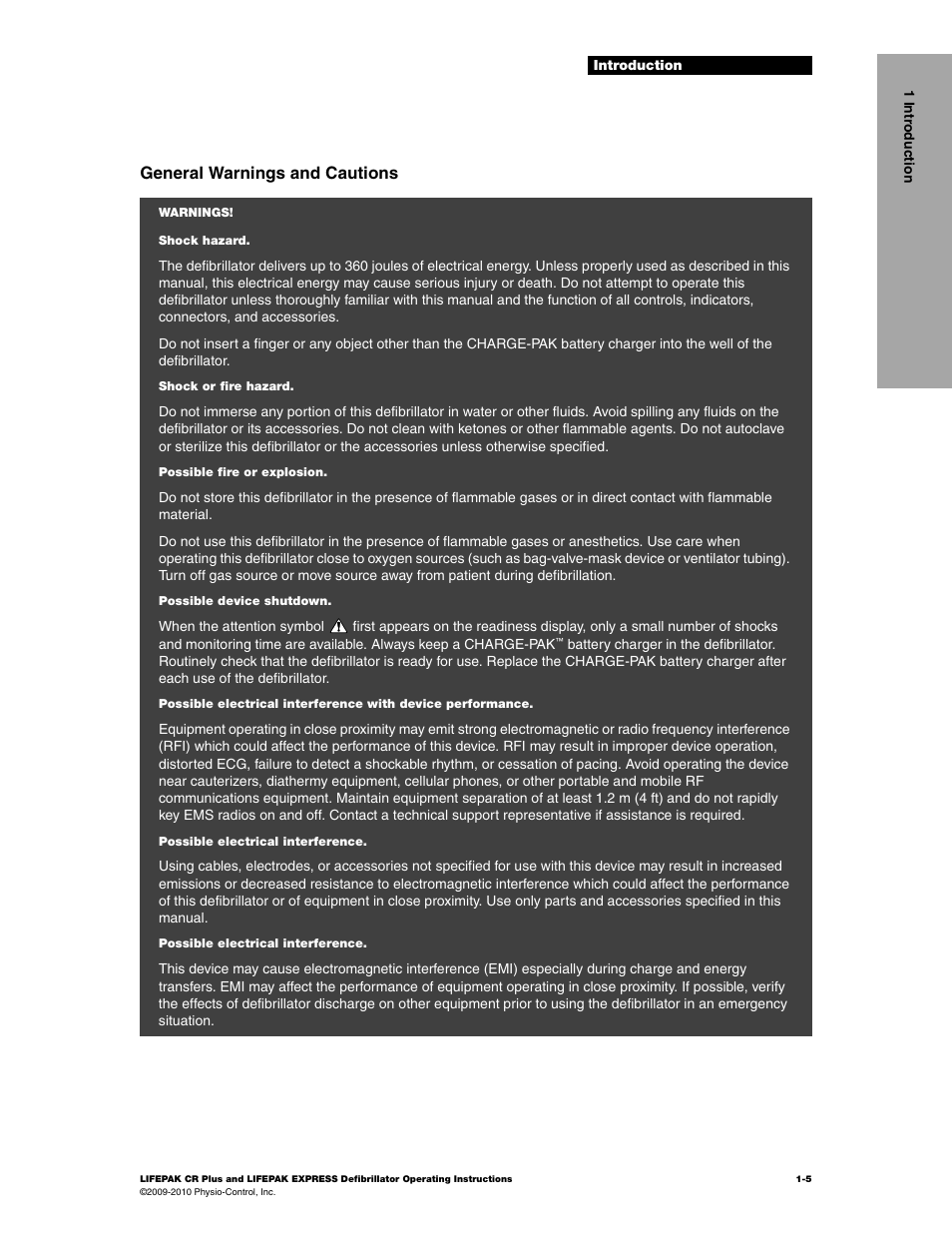 General warnings and cautions | Physio-Control LIFEPAK CR Plus User Manual | Page 11 / 80