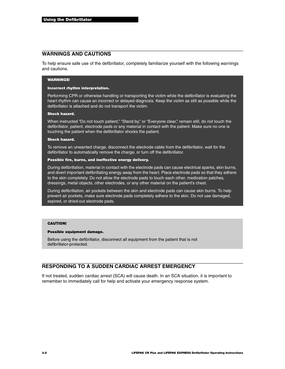 Warnings and cautions, Responding to a sudden cardiac arrest emergency | Physio-Control LIFEPAK CR Plus User Manual | Page 28 / 80