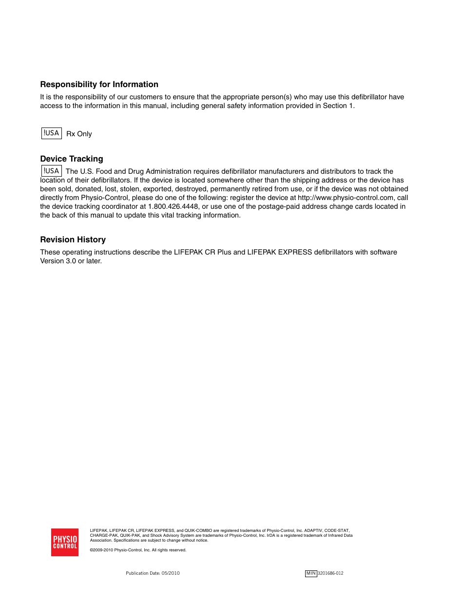 Responsibility for information, Device tracking, Revision history | Physio-Control LIFEPAK CR Plus User Manual | Page 4 / 80