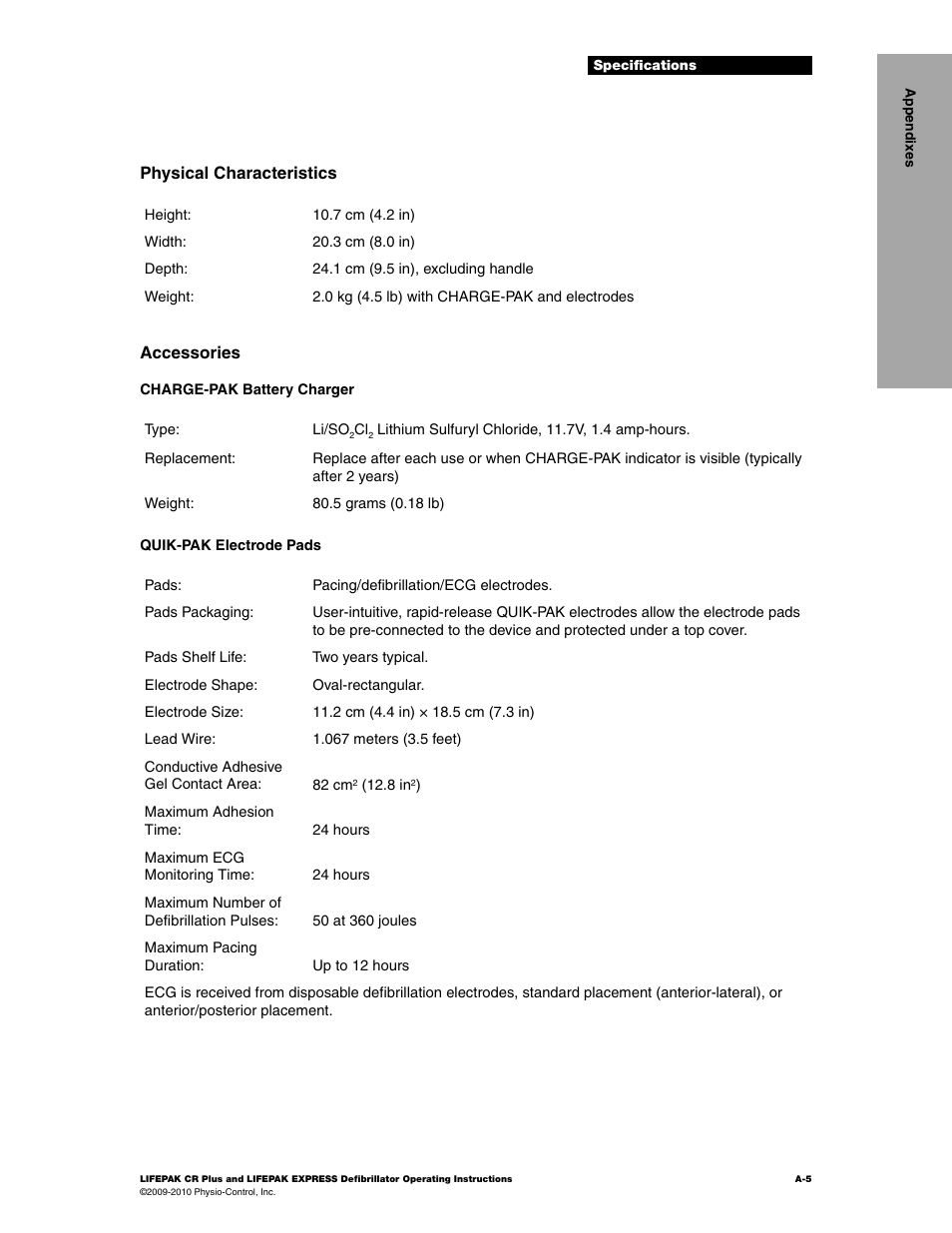 Physical characteristics accessories | Physio-Control LIFEPAK CR Plus User Manual | Page 57 / 80
