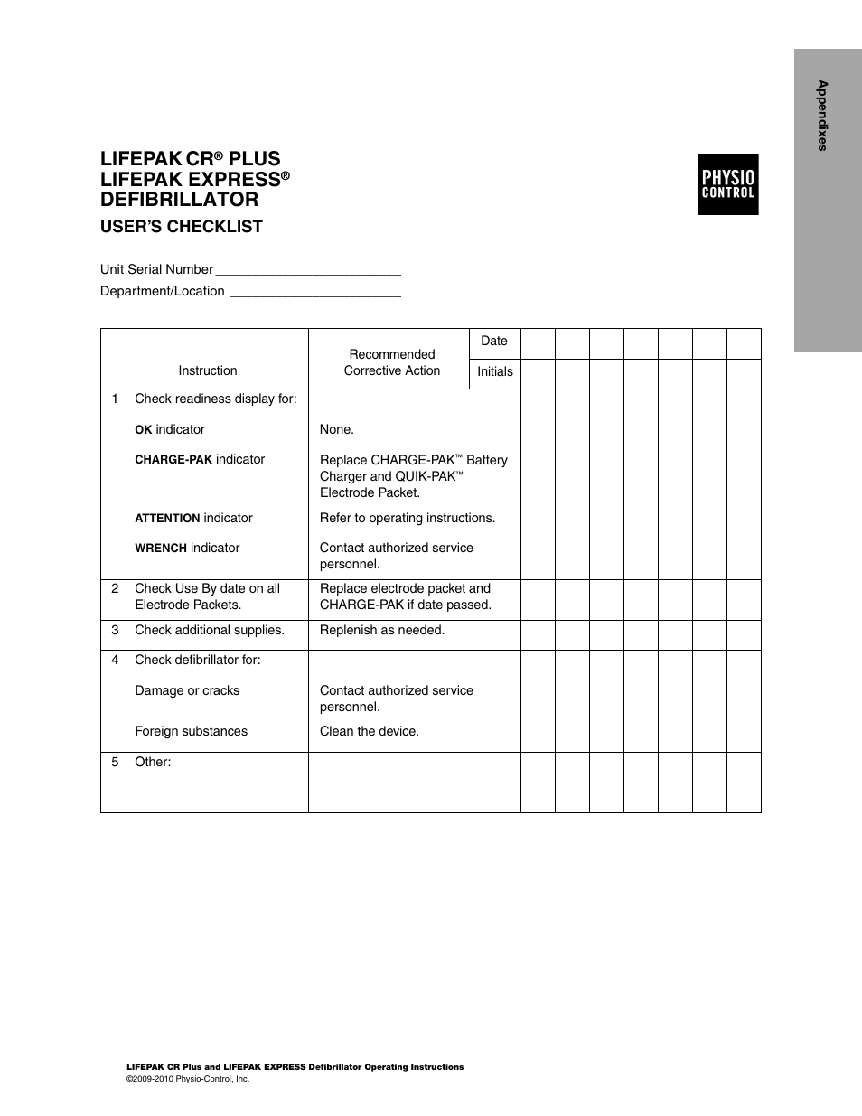 Lifepak, Plus lifepak express, Defibrillator | User’s checklist | Physio-Control LIFEPAK CR Plus User Manual | Page 69 / 80