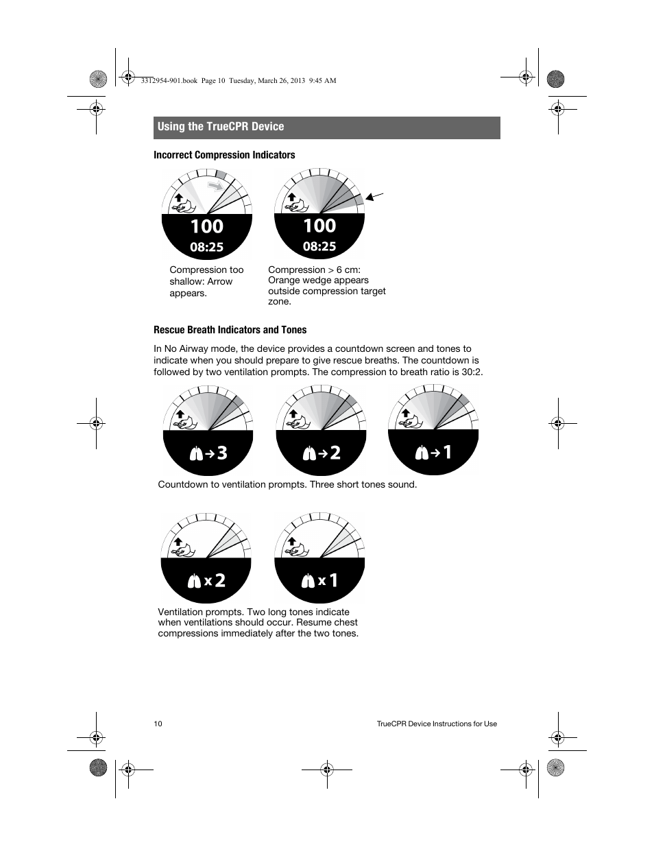 Incorrect compression indicators, Rescue breath indicators and tones, Using the truecpr device | Physio-Control TrueCPR User Manual | Page 14 / 84