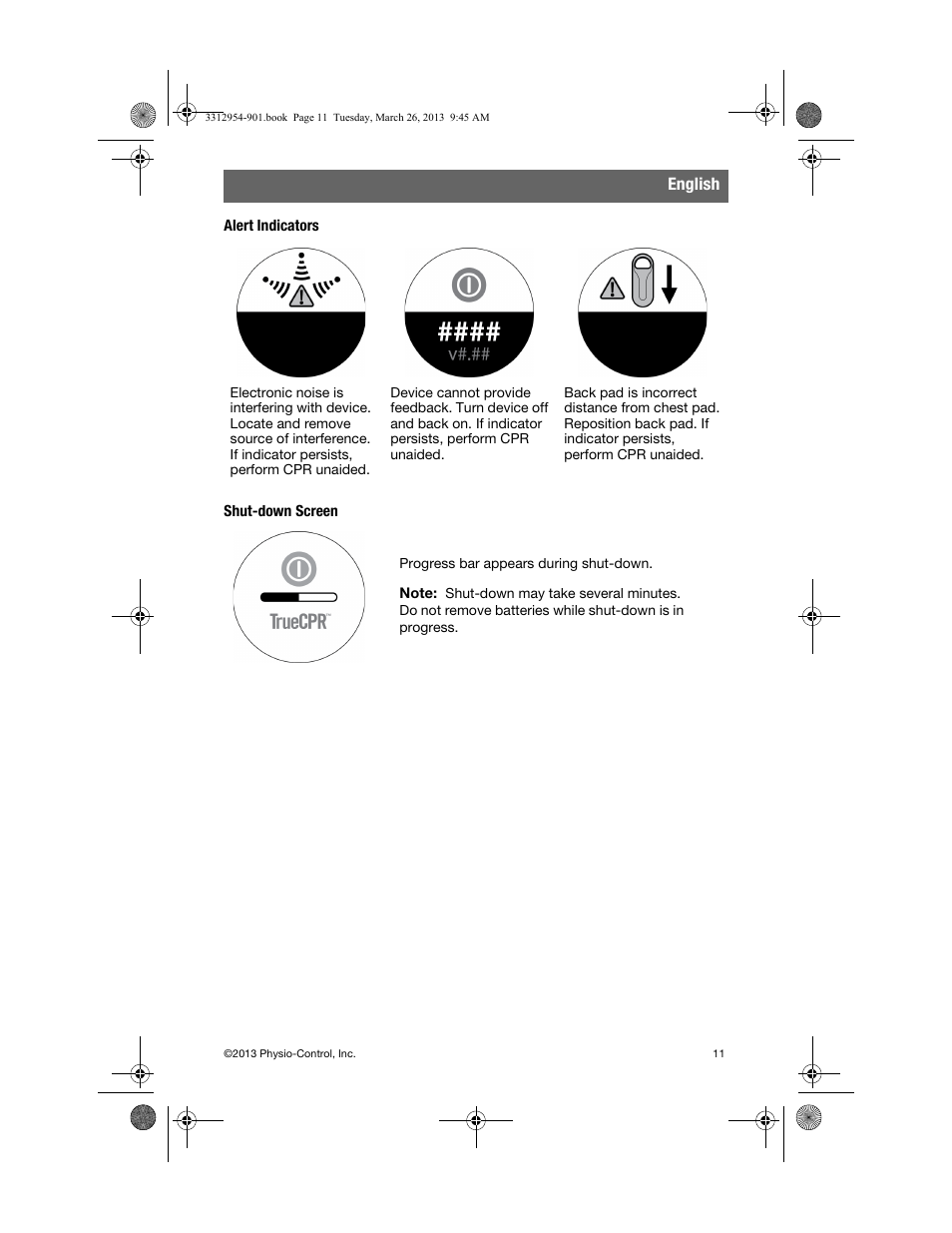 Alert indicators, Shut-down screen, English | Physio-Control TrueCPR User Manual | Page 15 / 84