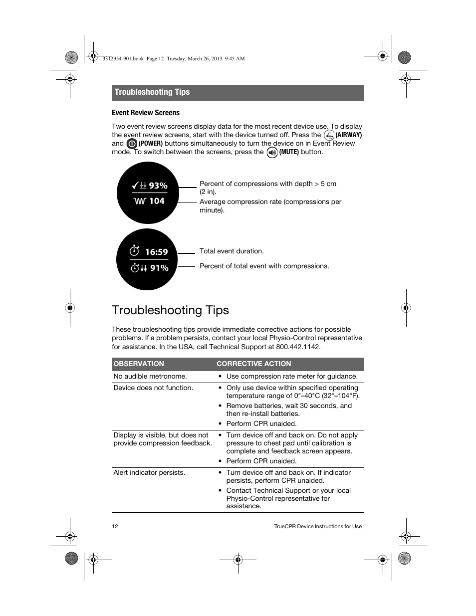 Event review screens, Troubleshooting tips | Physio-Control TrueCPR User Manual | Page 16 / 84