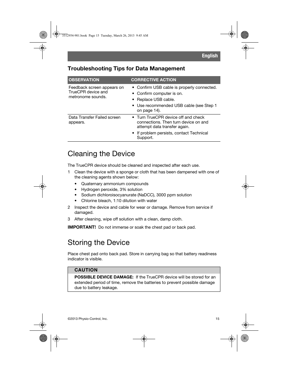 Troubleshooting tips for data management, Cleaning the device, Storing the device | Cleaning the device storing the device | Physio-Control TrueCPR User Manual | Page 19 / 84