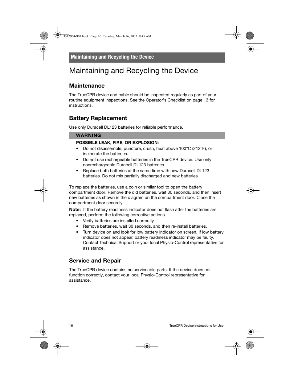 Maintaining and recycling the device, Maintenance, Battery replacement | Service and repair | Physio-Control TrueCPR User Manual | Page 20 / 84