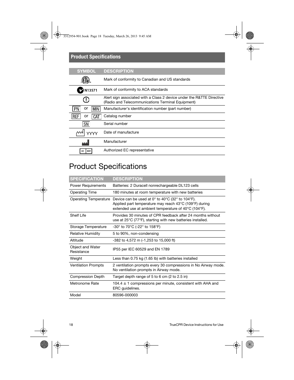 Product specifications | Physio-Control TrueCPR User Manual | Page 22 / 84