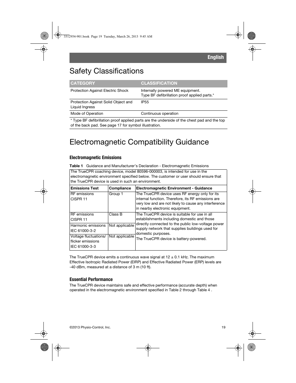 Safety classifications, Electromagnetic compatibility guidance, Electromagnetic emissions | Essential performance, English | Physio-Control TrueCPR User Manual | Page 23 / 84