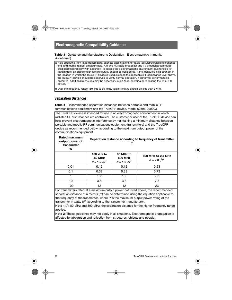 Separation distances, Electromagnetic compatibility guidance | Physio-Control TrueCPR User Manual | Page 26 / 84