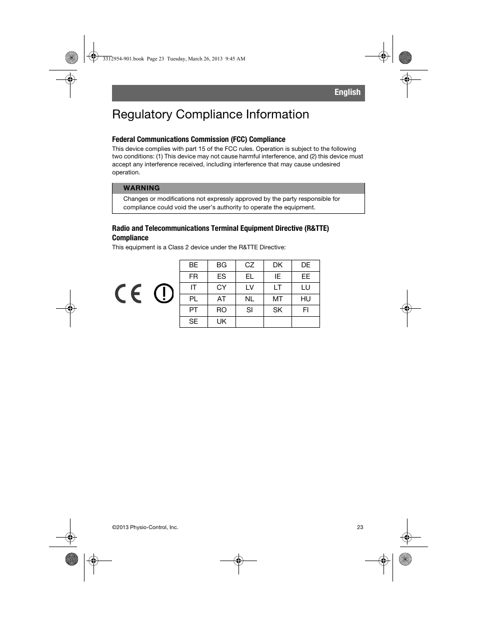 Regulatory compliance information, Federal communications commission (fcc) compliance | Physio-Control TrueCPR User Manual | Page 27 / 84