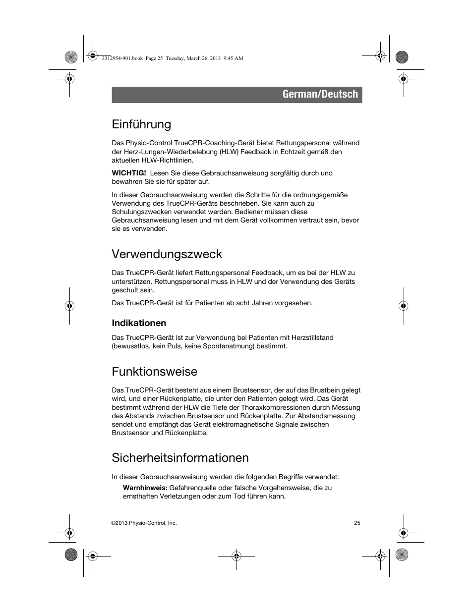 German/deutsch, Einführung, Verwendungszweck | Indikationen, Funktionsweise, Sicherheitsinformationen | Physio-Control TrueCPR User Manual | Page 29 / 84