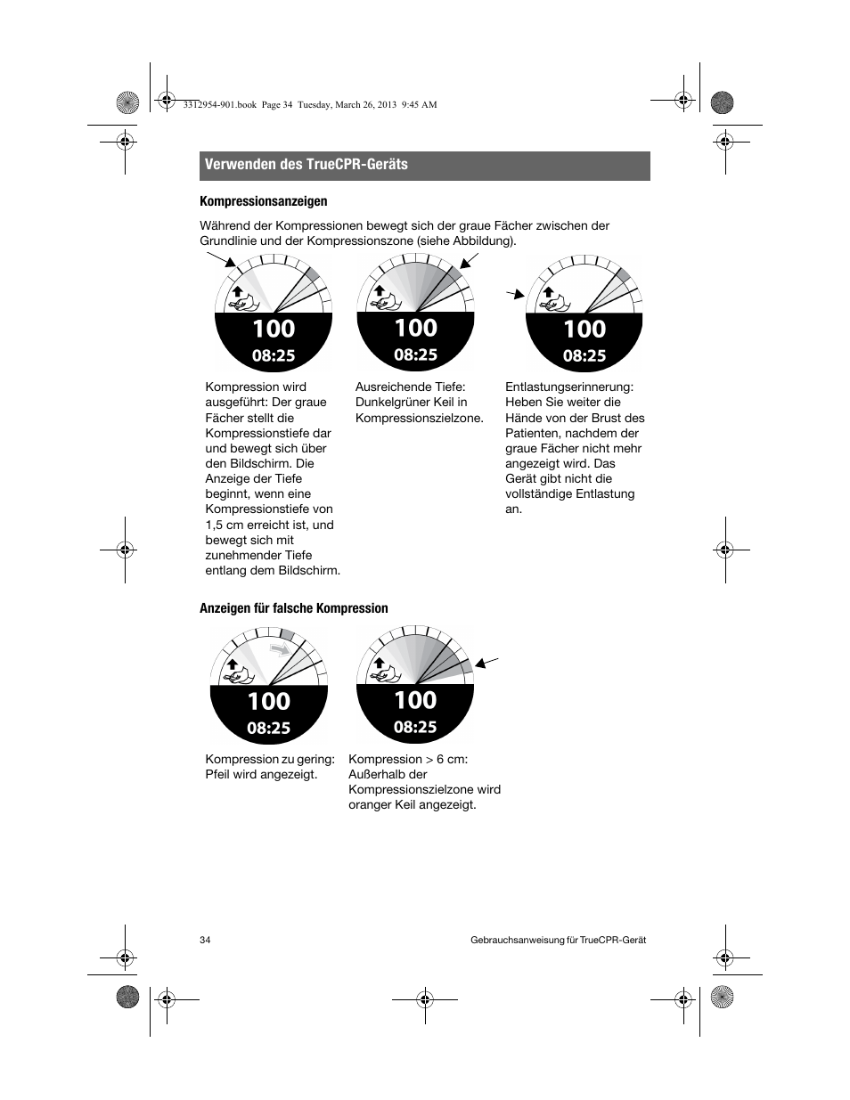 Kompressionsanzeigen, Anzeigen für falsche kompression, Verwenden des truecpr-geräts | Physio-Control TrueCPR User Manual | Page 38 / 84