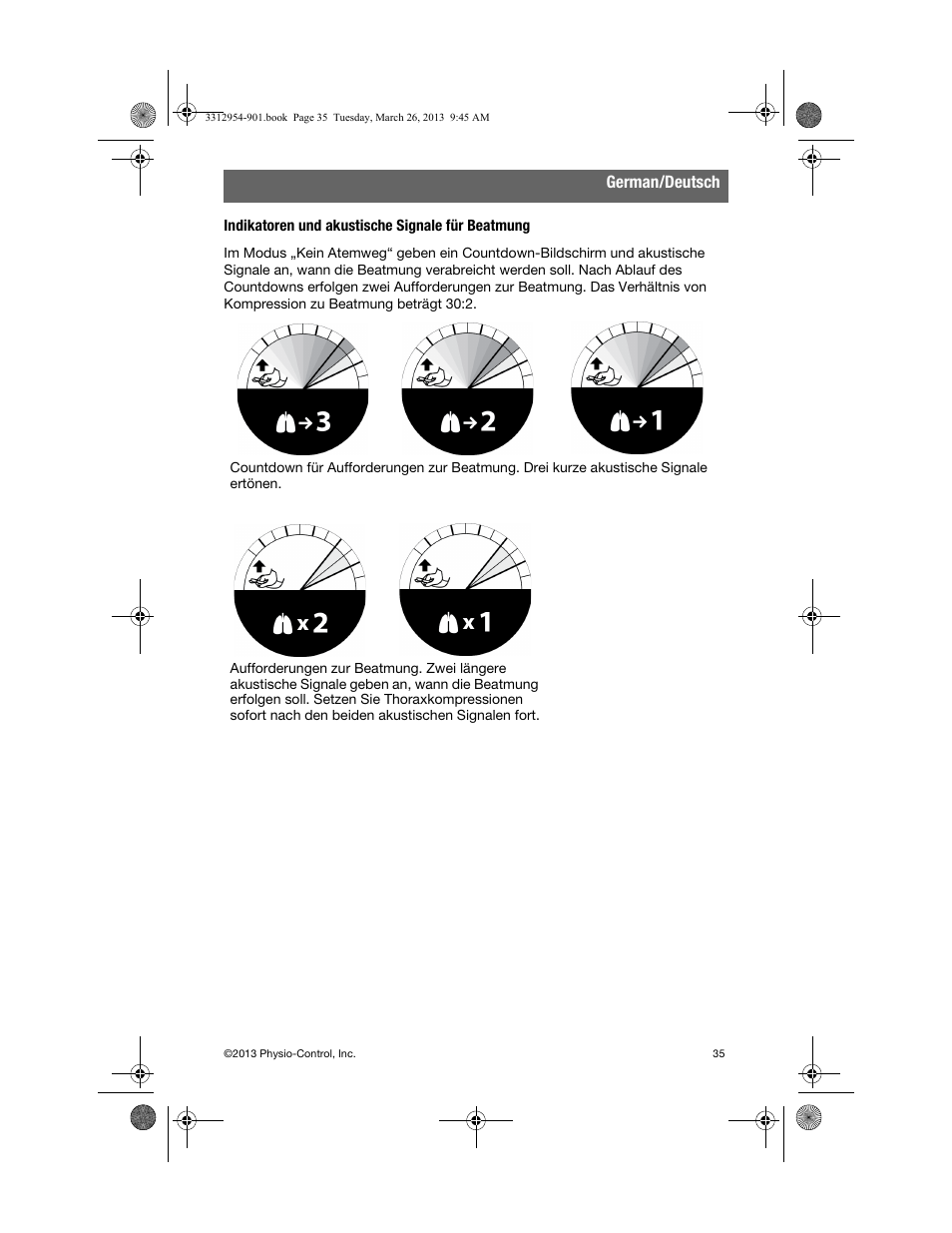 Indikatoren und akustische signale für beatmung, German/deutsch | Physio-Control TrueCPR User Manual | Page 39 / 84