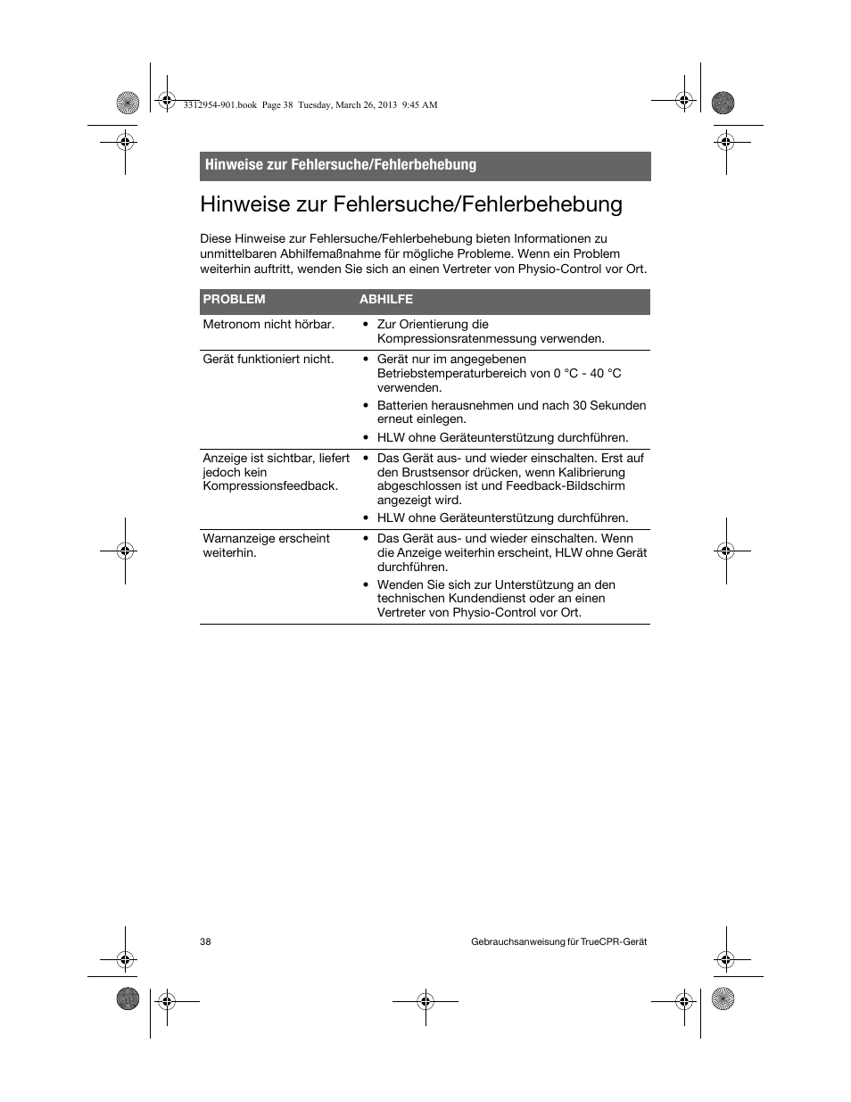 Hinweise zur fehlersuche/fehlerbehebung | Physio-Control TrueCPR User Manual | Page 42 / 84