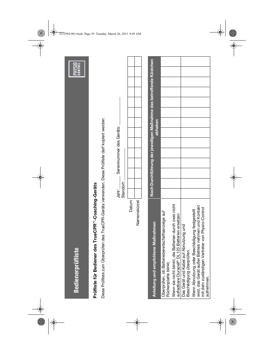 Bedienerprüfliste, Bediener prüfliste | Physio-Control TrueCPR User Manual | Page 43 / 84