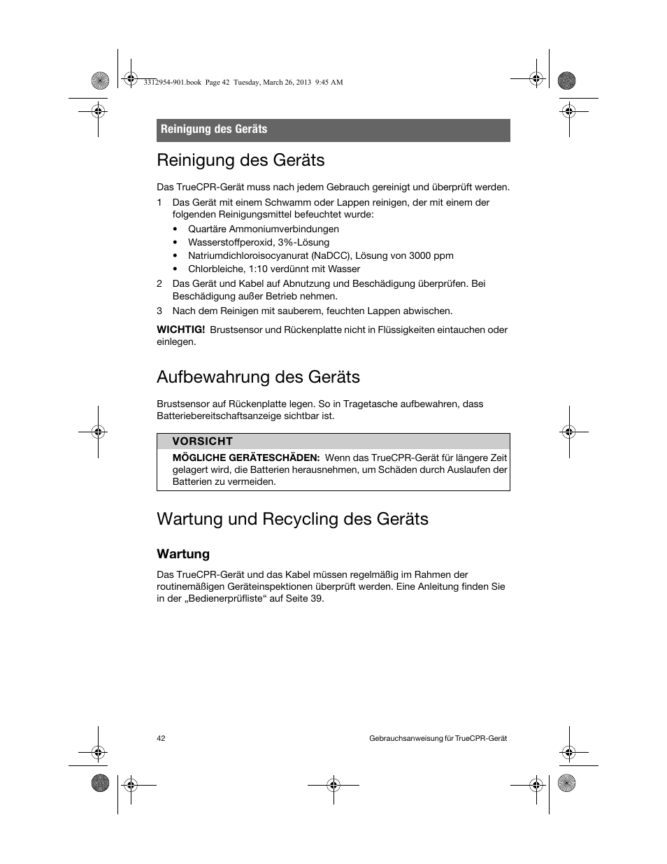 Reinigung des geräts, Aufbewahrung des geräts, Wartung und recycling des geräts | Wartung | Physio-Control TrueCPR User Manual | Page 46 / 84