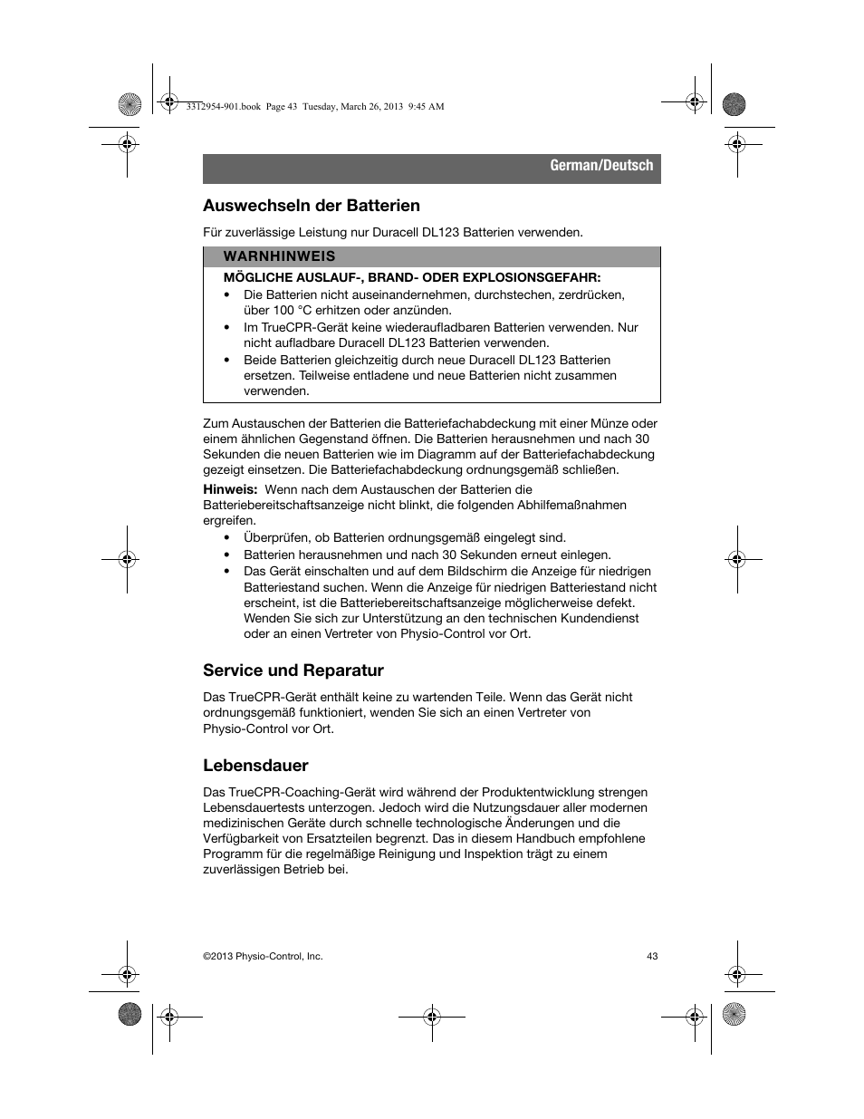 Auswechseln der batterien, Service und reparatur, Lebensdauer | Physio-Control TrueCPR User Manual | Page 47 / 84