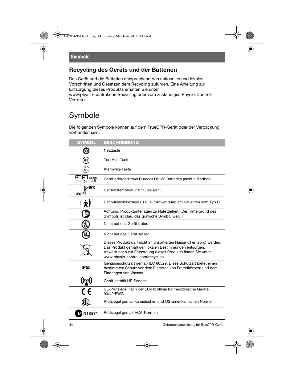 Recycling des geräts und der batterien, Symbole | Physio-Control TrueCPR User Manual | Page 48 / 84