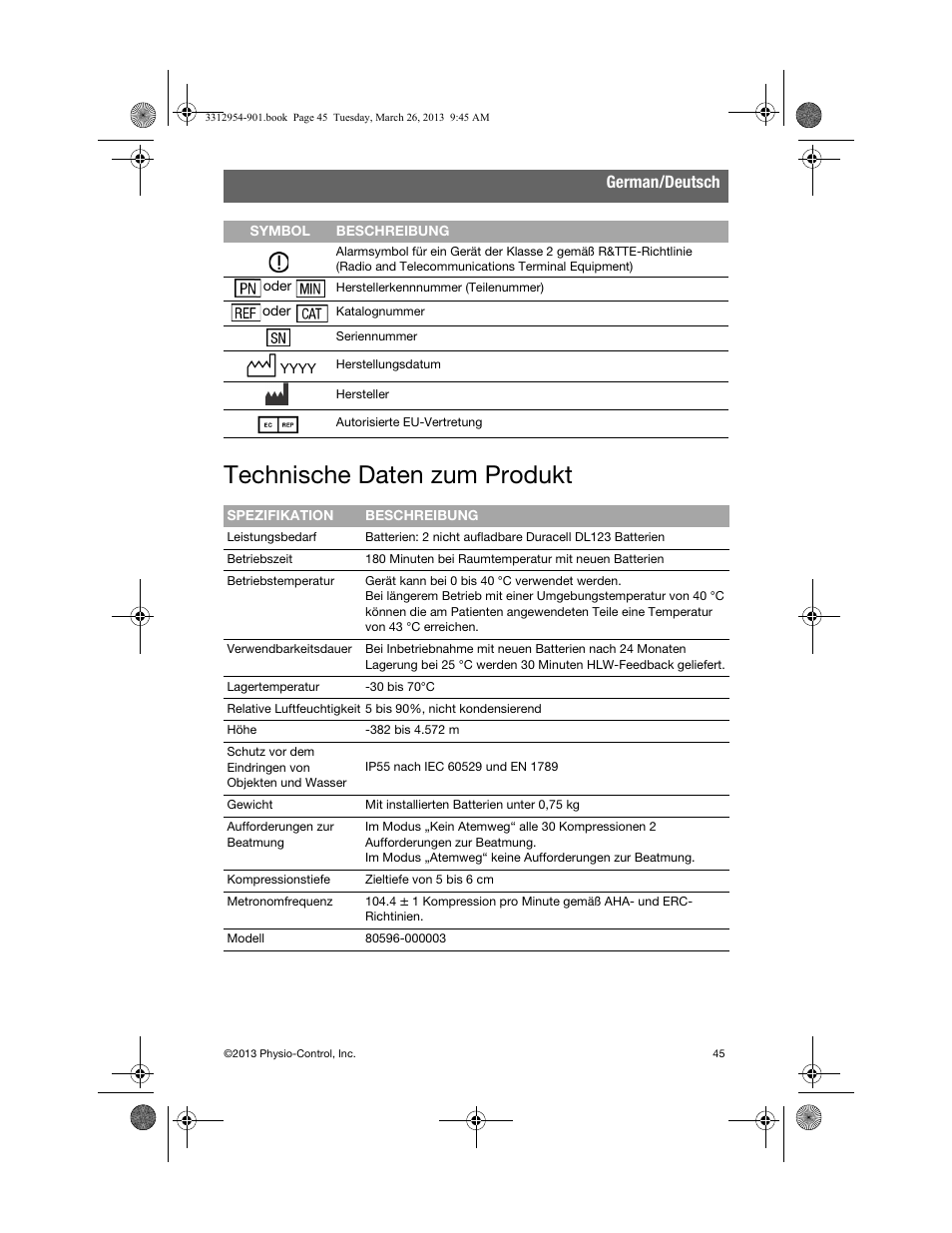 Technische daten zum produkt, German/deutsch | Physio-Control TrueCPR User Manual | Page 49 / 84