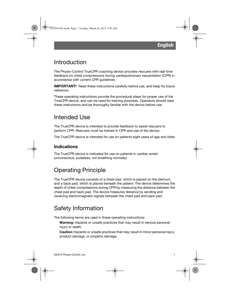 English, Introduction, Intended use | Indications, Operating principle, Safety information | Physio-Control TrueCPR User Manual | Page 5 / 84