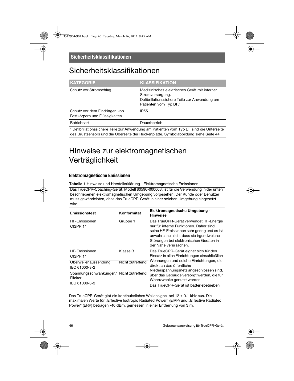 Sicherheitsklassifikationen, Hinweise zur elektromagnetischen verträglichkeit, Elektromagnetische emissionen | Physio-Control TrueCPR User Manual | Page 50 / 84