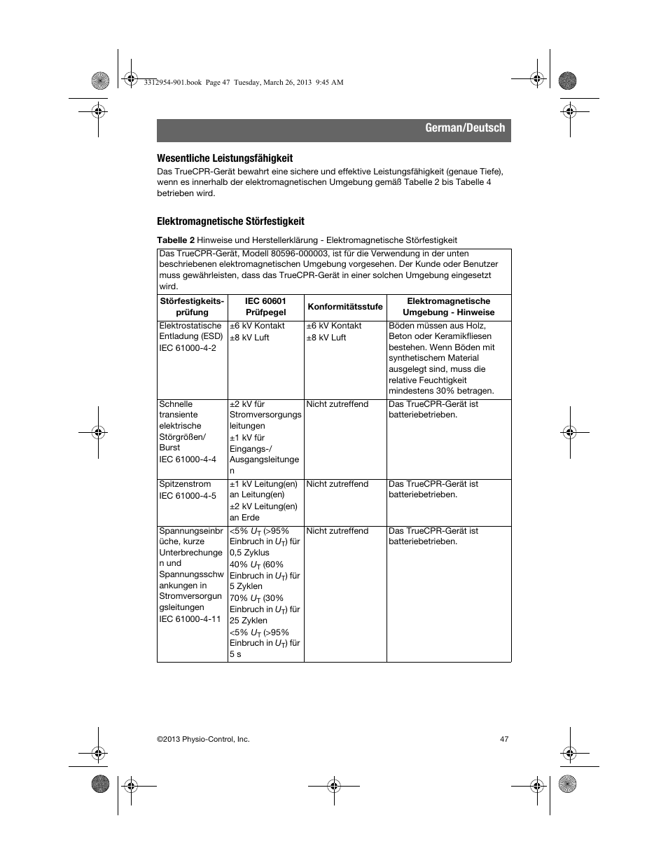 Wesentliche leistungsfähigkeit, Elektromagnetische störfestigkeit, German/deutsch | Physio-Control TrueCPR User Manual | Page 51 / 84