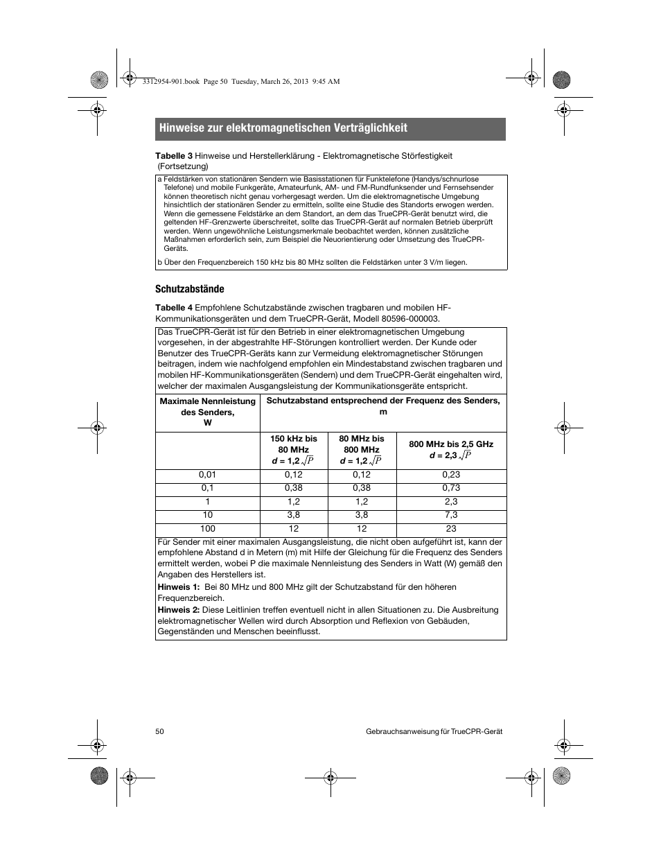 Schutzabstände, Hinweise zur elektromagnetischen verträglichkeit | Physio-Control TrueCPR User Manual | Page 54 / 84