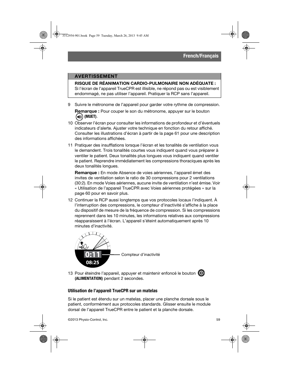 Utilisation de l’appareil truecpr sur un matelas | Physio-Control TrueCPR User Manual | Page 63 / 84