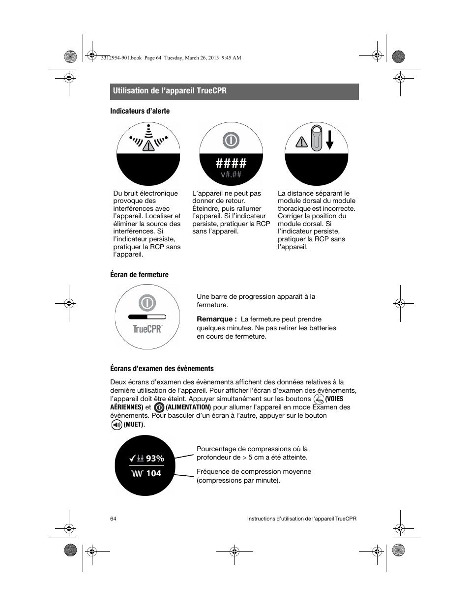 Indicateurs d’alerte, Écran de fermeture, Écrans d’examen des évènements | Utilisation de l’appareil truecpr | Physio-Control TrueCPR User Manual | Page 68 / 84