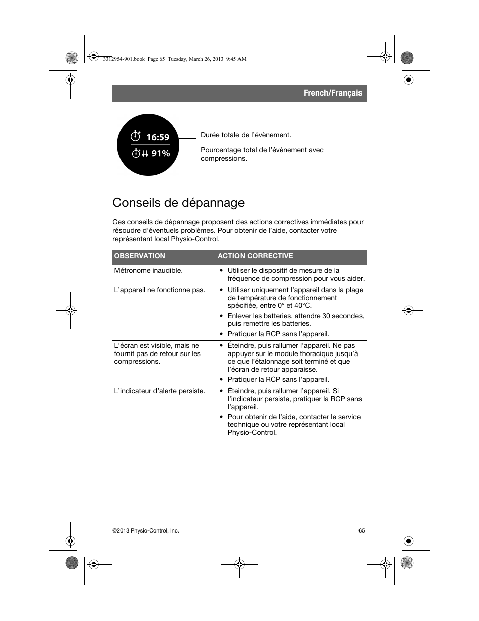 Conseils de dépannage | Physio-Control TrueCPR User Manual | Page 69 / 84