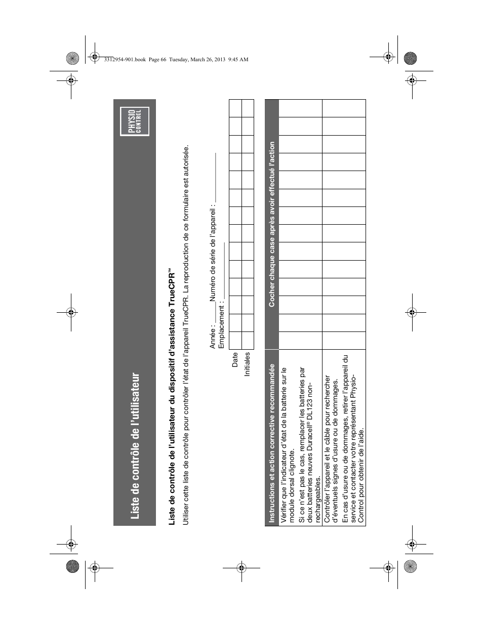 Liste de contrôle de l’utilisateur, Lis te de contrôle de l’utilisateur | Physio-Control TrueCPR User Manual | Page 70 / 84