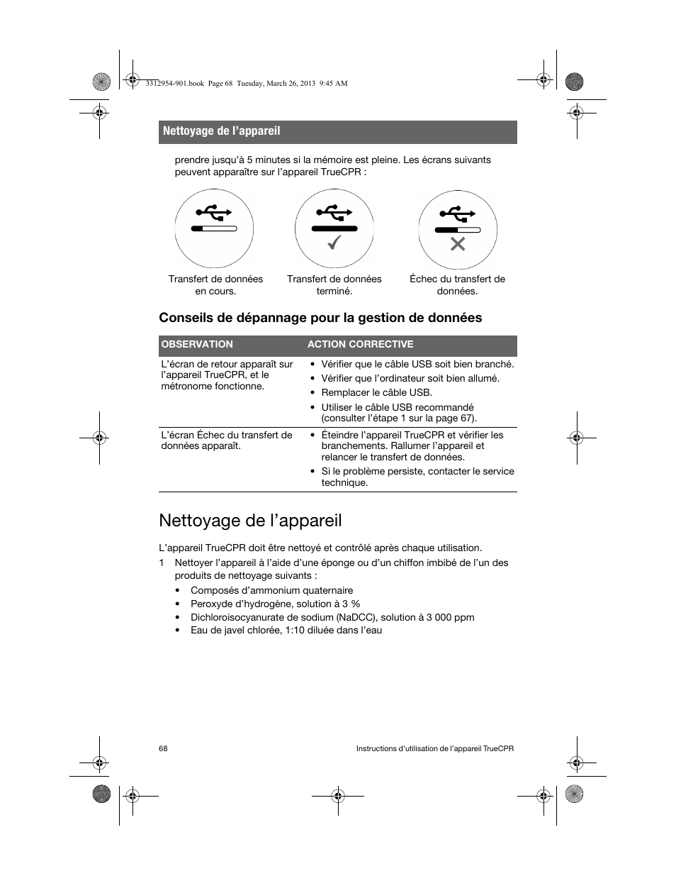 Conseils de dépannage pour la gestion de données, Nettoyage de l’appareil | Physio-Control TrueCPR User Manual | Page 72 / 84