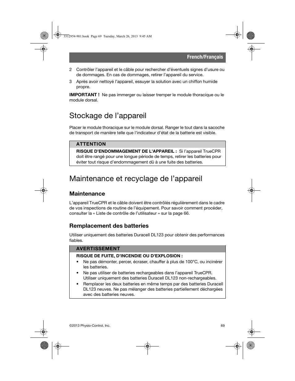 Stockage de l’appareil, Maintenance et recyclage de l’appareil, Maintenance | Remplacement des batteries | Physio-Control TrueCPR User Manual | Page 73 / 84