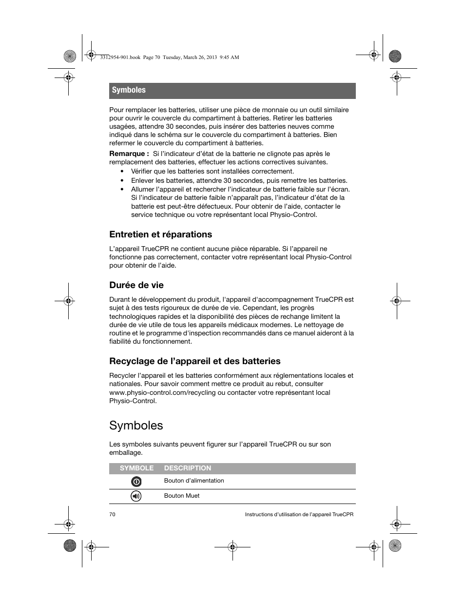 Entretien et réparations, Durée de vie, Recyclage de l’appareil et des batteries | Symboles | Physio-Control TrueCPR User Manual | Page 74 / 84