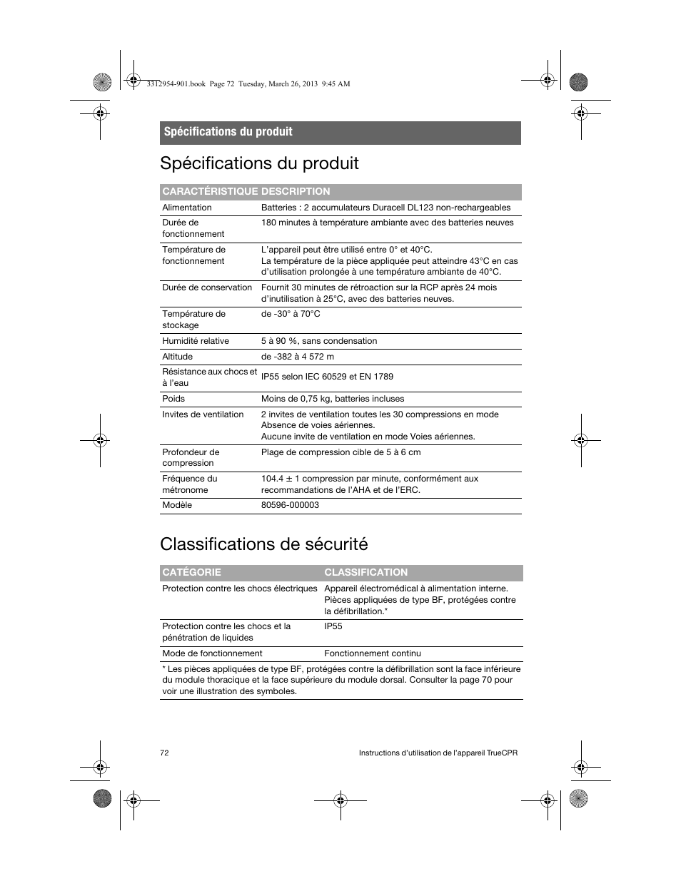 Spécifications du produit, Classifications de sécurité | Physio-Control TrueCPR User Manual | Page 76 / 84